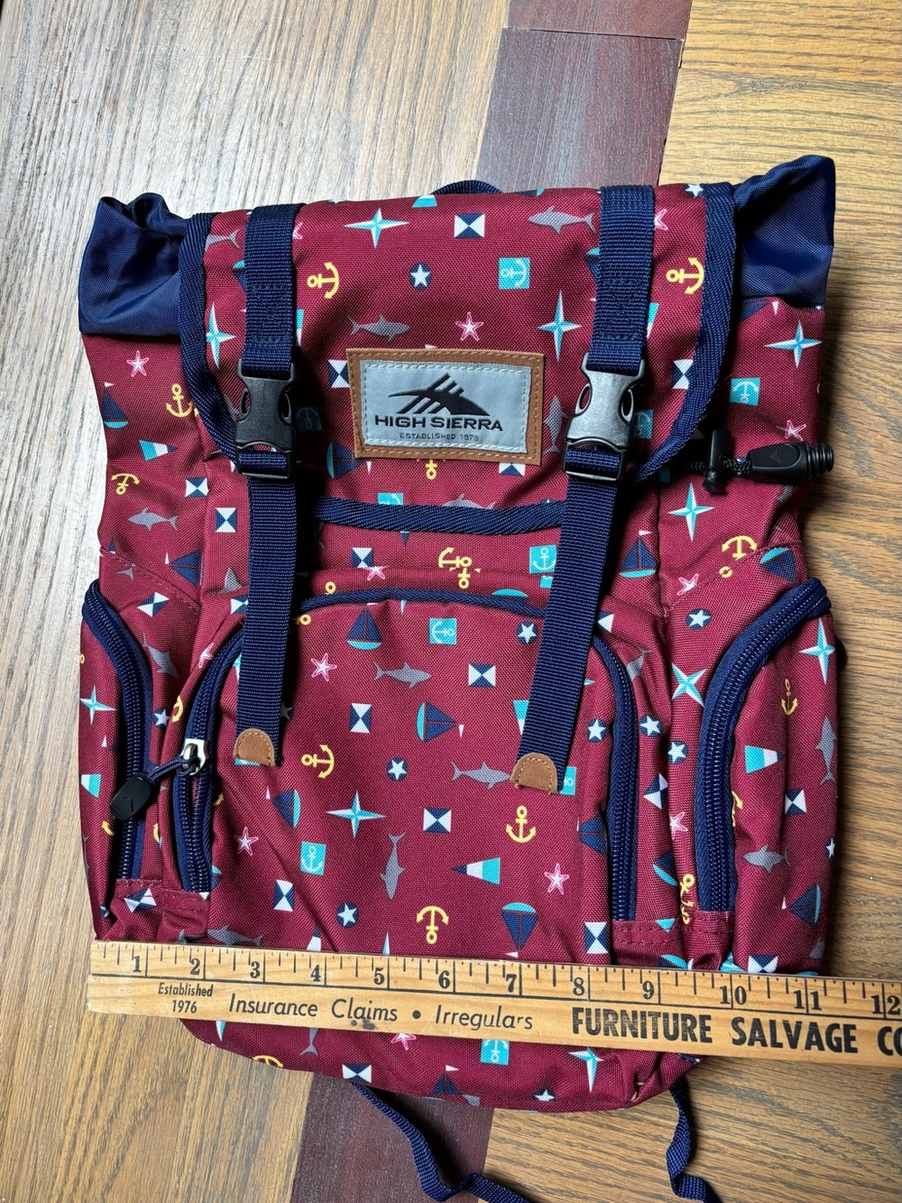 High Sierra Nautical Print Backpack Red Navy Coastal Y2K - Picture 3 of 6